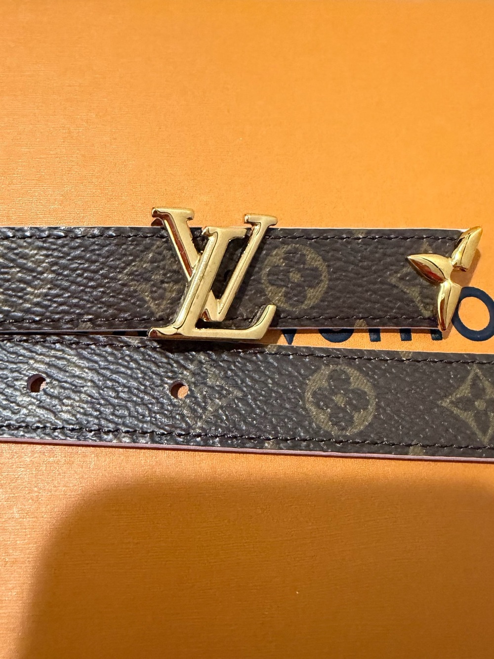 B-Low the Belt Brown Monogram Print Belt with Gold LV Buckle